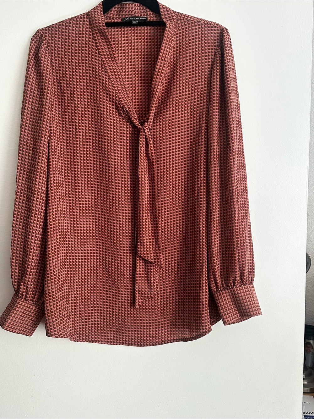 Vince Tie-Neck Long-Sleeve Blouse in Rust Geo